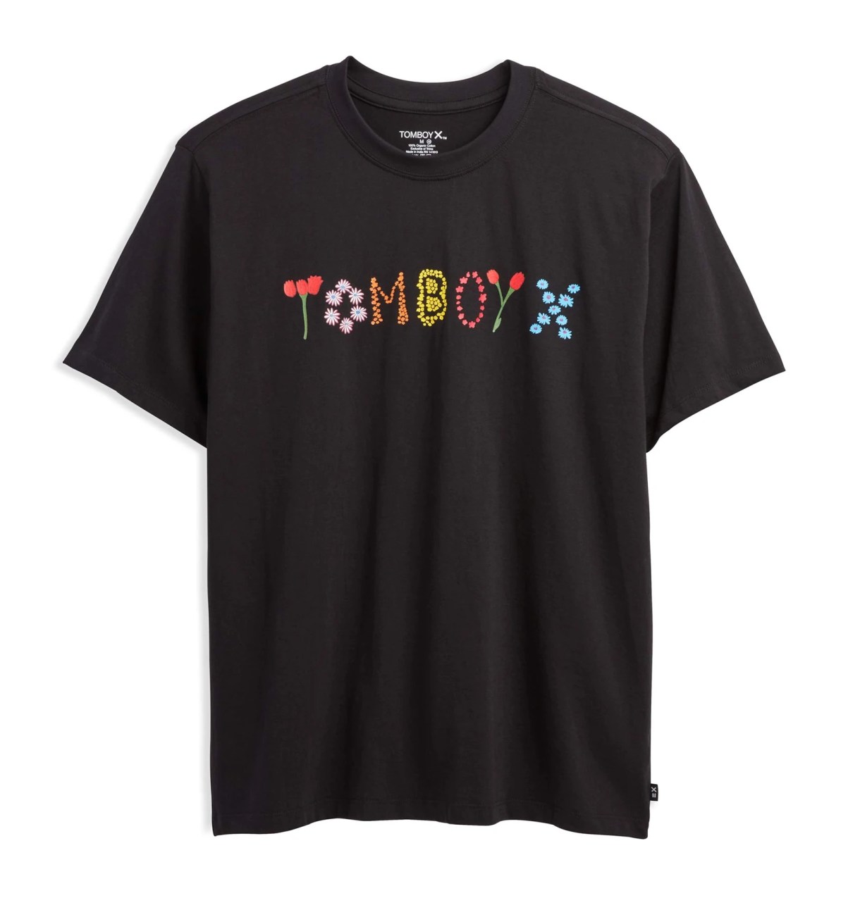 Black tee with TomboyX written in flowers