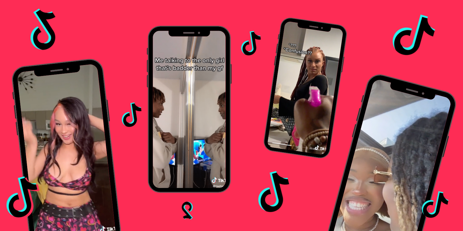 4 phones have screenshots of tiktoks on them, resting atop a black background with the tiktok logo floating in between them