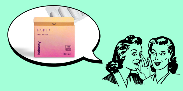 In the bottom right corner of the image, there is a black line drawing of two women with 1950s hairstyles whispering to each other against a blue background. In the upper left corner, there is a speech bubble. Inside the speech bubble, there is an image of a pink and orange square-shaped box that reads: "Foria Melts with CBD - Intimacy - 200mg CBD - 4 suppositories."