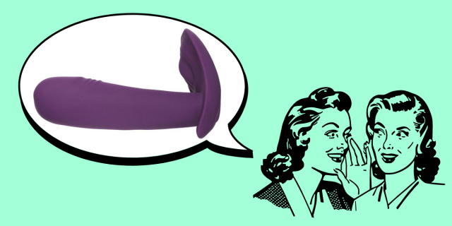 In the bottom right corner of the image, there is a black line drawing of two women with 1950s hairstyles whispering to each other against a blue background. In the upper left corner, there is a speech bubble. Inside the speech bubble, there is an image of the Lovers Joy Stick Thruster, a purple thrusting vibrator with a bulbous insertable portion and a flat, vulva-shaped external portion.