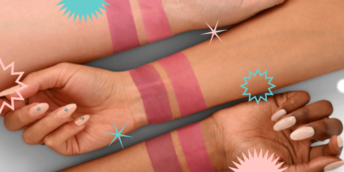 Three arms are outstretched and have two lines of liquid blush painted on each wrist.