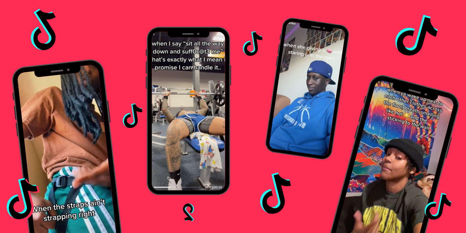 Four phones with screenshots of various TikTokson a light teal background, the TikTok logo floats in between them all