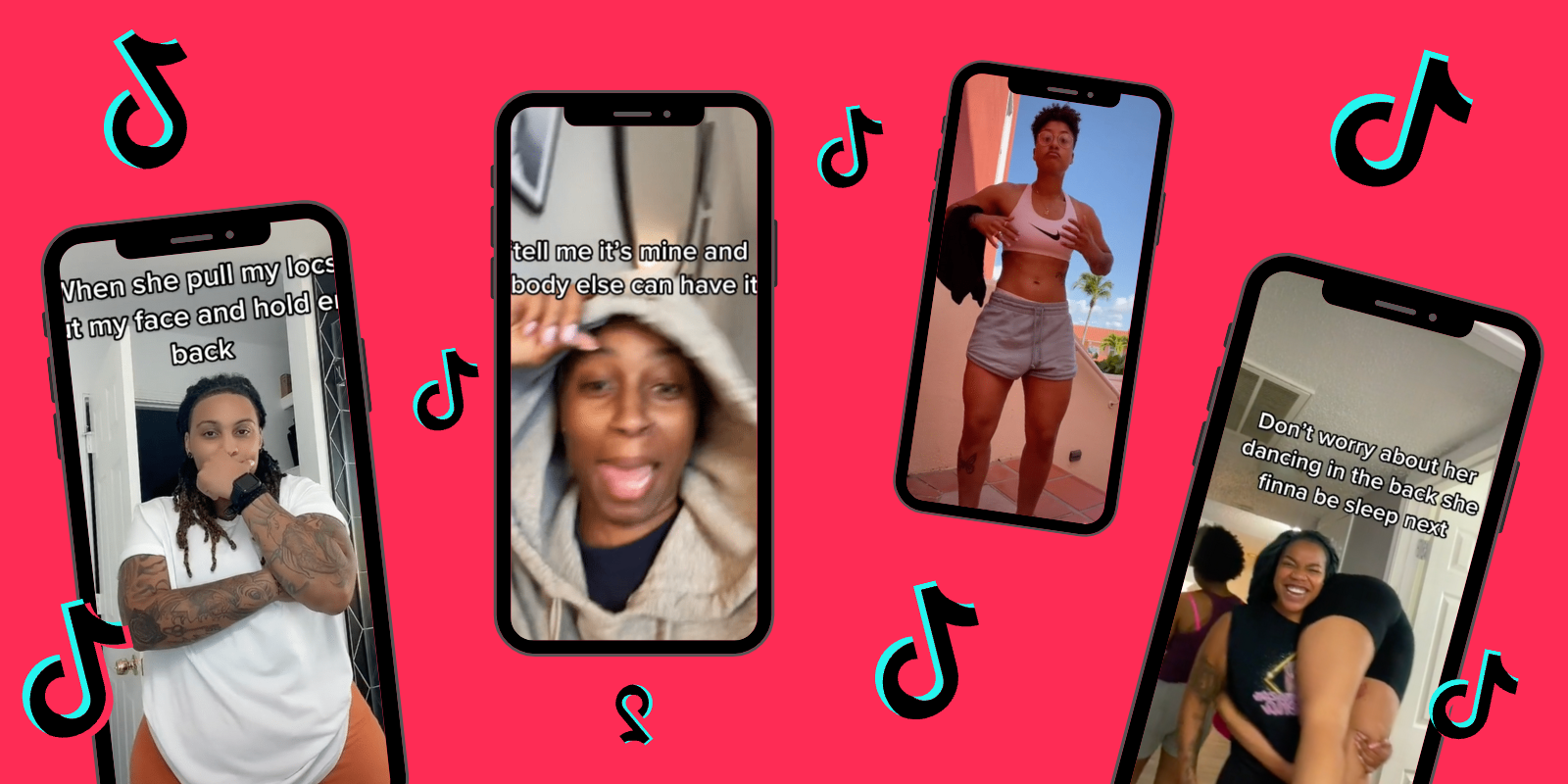 Four phones with screenshots of various TikTokson a light teal background, the TikTok logo floats in between them all