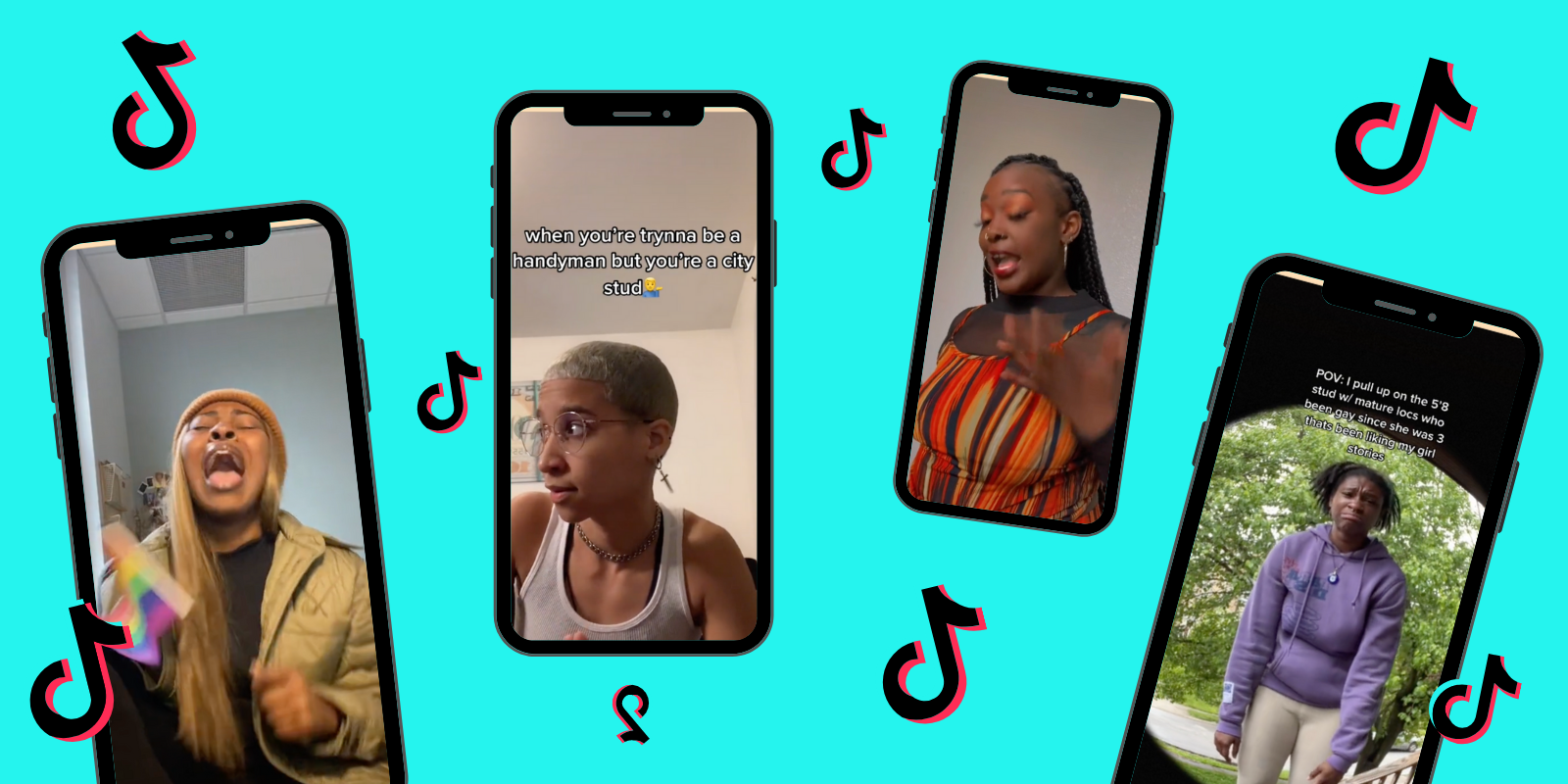 Four phones with screenshots of various TikTokson a light teal background, the TikTok logo floats in between them all