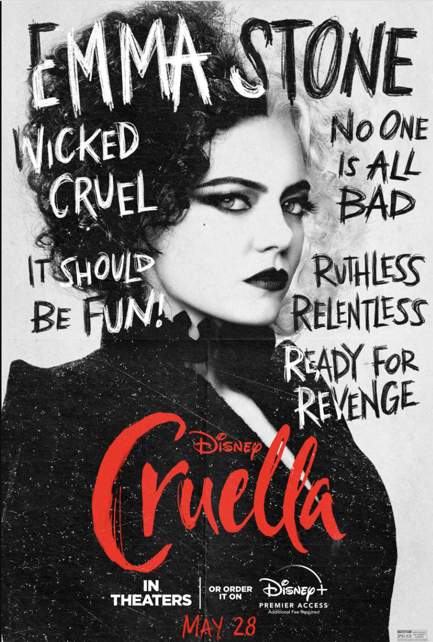 the cover of cruella. emma stone is here in black and white with cruella's signature black and white hair