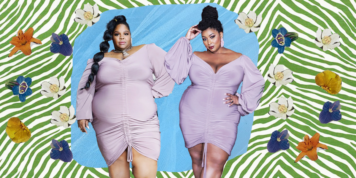 Two fat femmes of different sizes in the same lavender ruched front dress. Fat Femme Fashion.