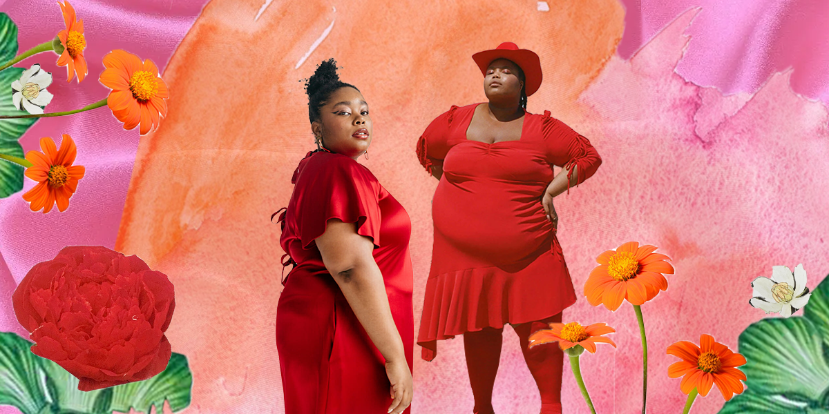 Two fat femmes in All red dresses, surrounded by florals and deep pastels.