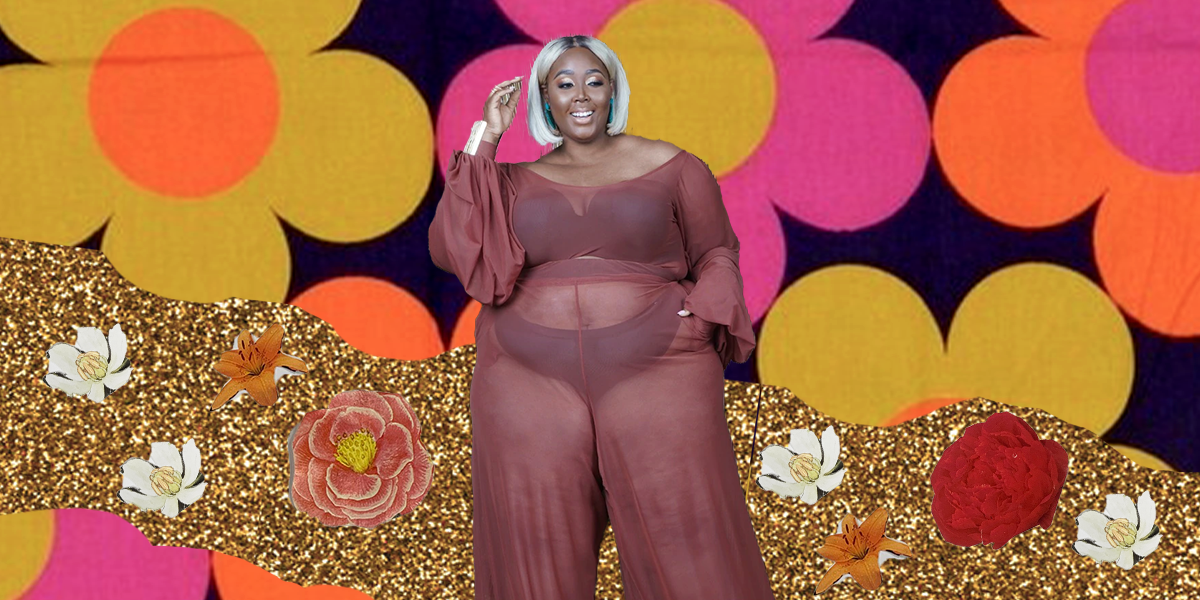 A fat femme in a sheer piece with blonde hair stands smiling with deep colored circles in the background. Queerness through Style