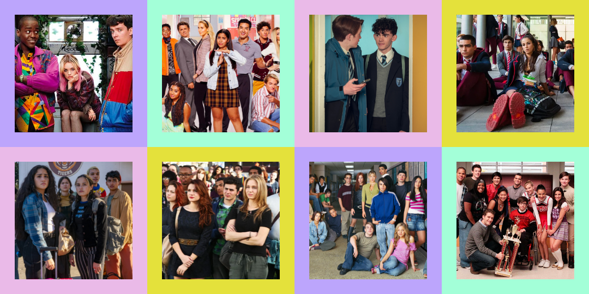 Feature Image:Row 1 Sex Education, Saved by the Bell, Heartstopper, Elite. Row 2: Genera+ion, Faking It, Degrassi, Glee