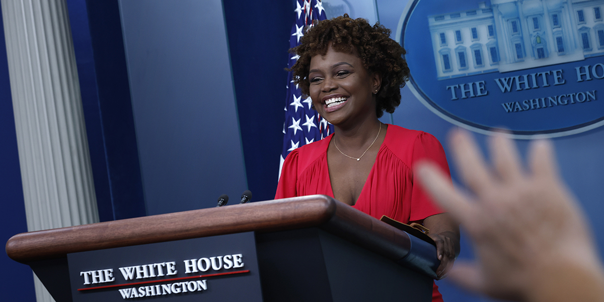 Newly appointed White House Press Secretary Karine Jean-Pierre holds her first news conference in the Brady Press Briefing Room at the White House