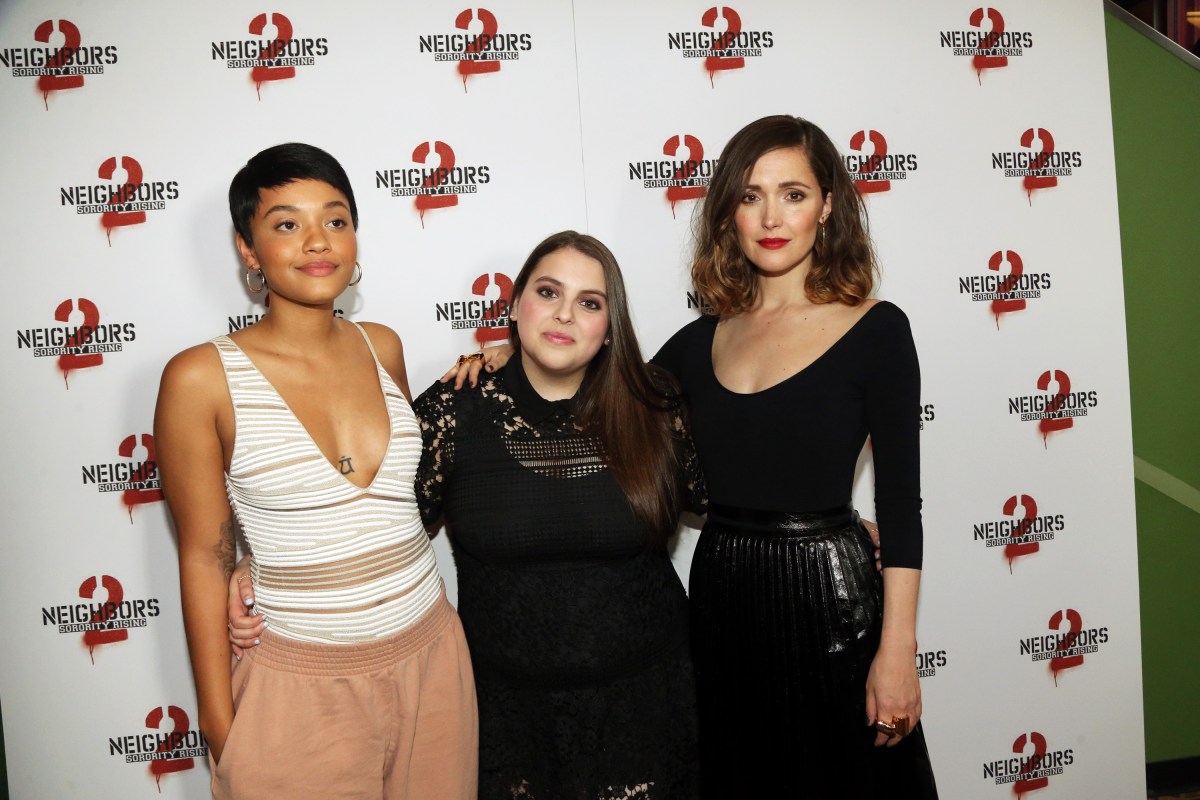 NEW YORK, NY - MAY 11: (L-R) Kiersey Clemons, Beanie Feldstein, and Rose Byrne attend the "Neighbors 2" Pre-Screening at AMC Empire on May 11, 2016 in New York City. (Photo by Johnny Nunez/WireImage)