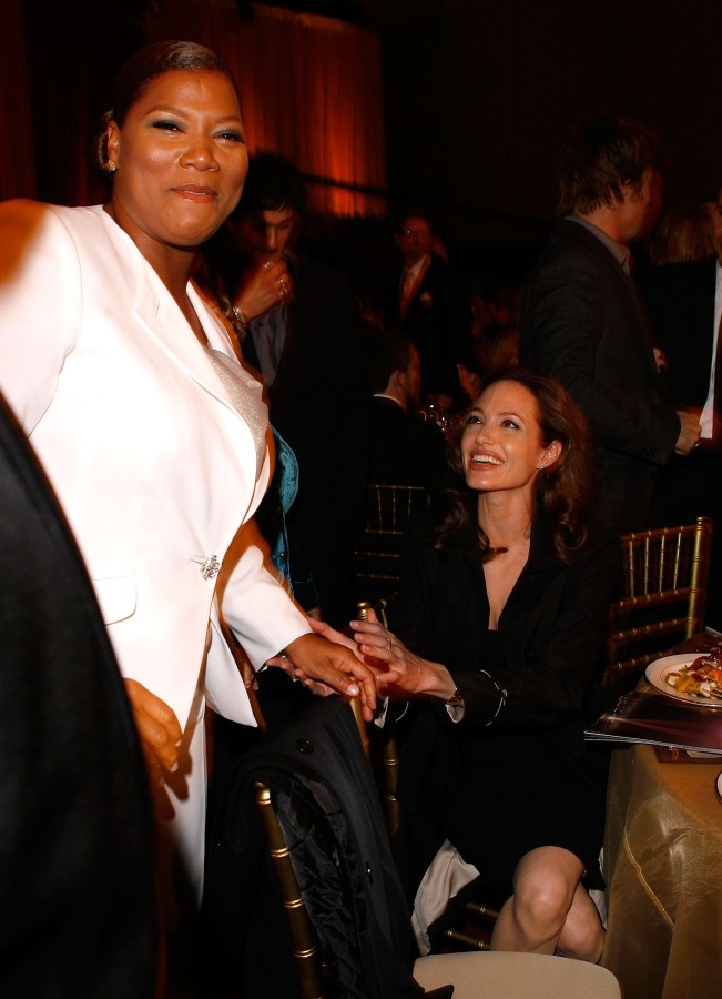 SANTA MONICA, CA - JANUARY 07: Actress Queen Latifah and actress Angelina Jolie inside at the 13th ANNUAL CRITICS' CHOICE AWARDS at the Santa Monica Civic Auditorium on January 7, 2008 in Santa Monica, California. (Photo by Chris Polk/WireImage)