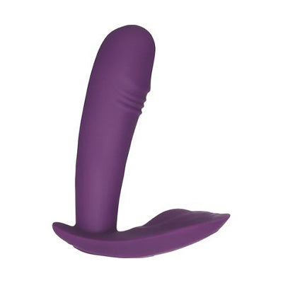 Image of the Lovers Joy Stick Thruster: a purple vibrating and thrusting dildo with a bulbous, insertable end and a flat, vulva-shaped external portion 