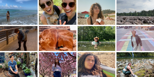 12 images of Autostraddle team members are collaged together. Kayla stands in a bathing suit on the beach, Riese poses with Carol and a friend on a hike, Drew eats ice cream sitting at the beach, Nicole climbs over a field of boulders, Ro deals with the wind on a roof, Viv poses by a giant rock Georgia O'Keefe sculpture, Darcy lounges in a pool among trees, Carmen smiles outdoors at a rainbow flag painted intersection, Tracy sits in the Philadelphia magic gardens, Anya poses in front of blooming trees, Abeni lies in a hammock outdoors, and Vanessa poses with Zucchini the dog outdoors by a stream