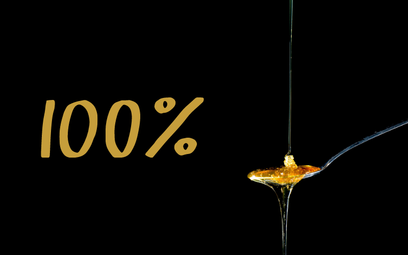 a graphic with 100% written on it as well as an image of honey dripping onto and then off of a spoon