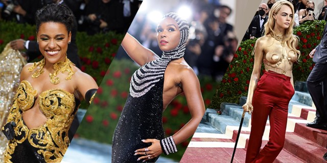 In a three way split collage Ariana DeBose in a gold and black structured gown has her tongue sticking out on the Met red carpet, she's facing directly at camera; Janelle Monáe in a slender long black gown with a train and a silver chain headpiece on the red carpet; Cara Delevingne has on ruby red velvet pants and matching high heels, her legs are crossed. She is carrying a thin black cane. On top she is painted gold, with nipple coverings.