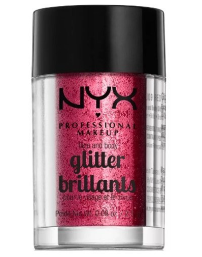 a container of NYX brand body glitter in red