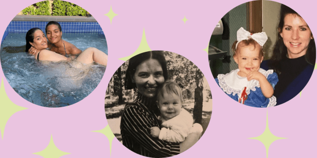 Photo 1: Indya Moore holds their mother in a pool. Photo 2: Cynthia Nixon's bother is holding a baby Cynthia Nixon in a black-and-white family photo. Photo 3: A baby Ashley Benson is next to her mom in a family photo.