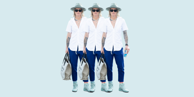 Ashlyn Harris is wearing a white short sleeve button down, a gray brimmed hat, sunglasses, blue jeans, and light blue sneakers while holding a bag in one hand and a Red Bull in the other hand. The image is repeated three times.