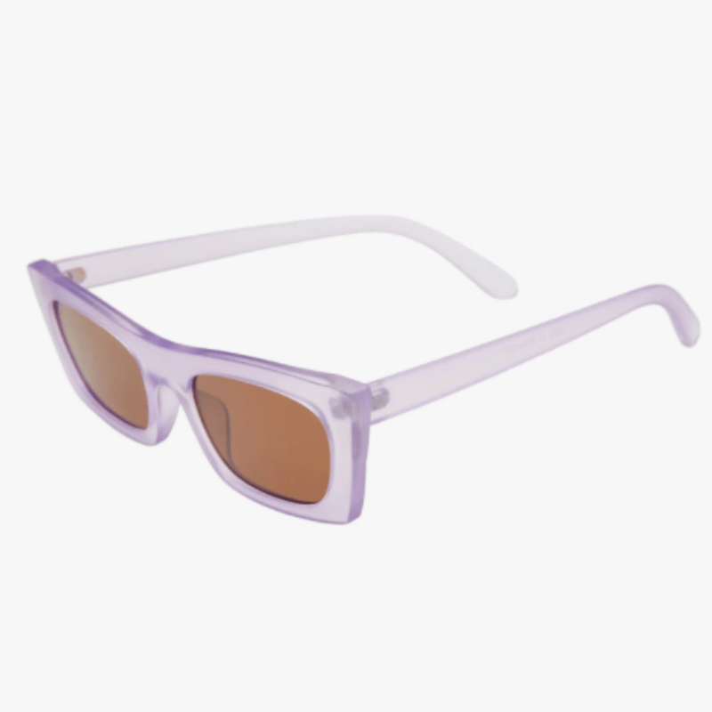 Purple square sunglasses with brown lenses, in a close up.