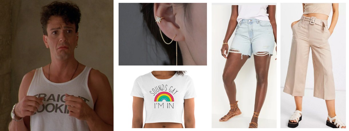 Photo 1: Frank Azaria in The Birdcage wears a white tank that says STRAIGHT LOOKING on it. Photo 2: A star-shaped ear cuff. Photo 3: A crop top that says SOUNDS GAY I'M IN on it with a rainbow. Photo 4: A pair of distressed high waisted jean shorts. Photo 5: A pair of wide leg beige trousers.
