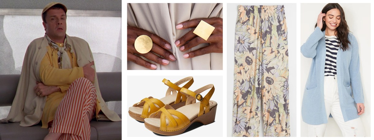 Photo 1: Nathan Lane in The Birdcage wears a hat, a large cardigan, a yellow blouse, and red and white wide legged pants. Photo 2: Two chunky gold statement rings in a circle shape and a diamond shape. Photo 3: A pair of yellow strappy sandals with a small wedge heel. Photo 4: A pair of wide leg pants in a floral print. Photo 5: A large pale blue open front cardigan.