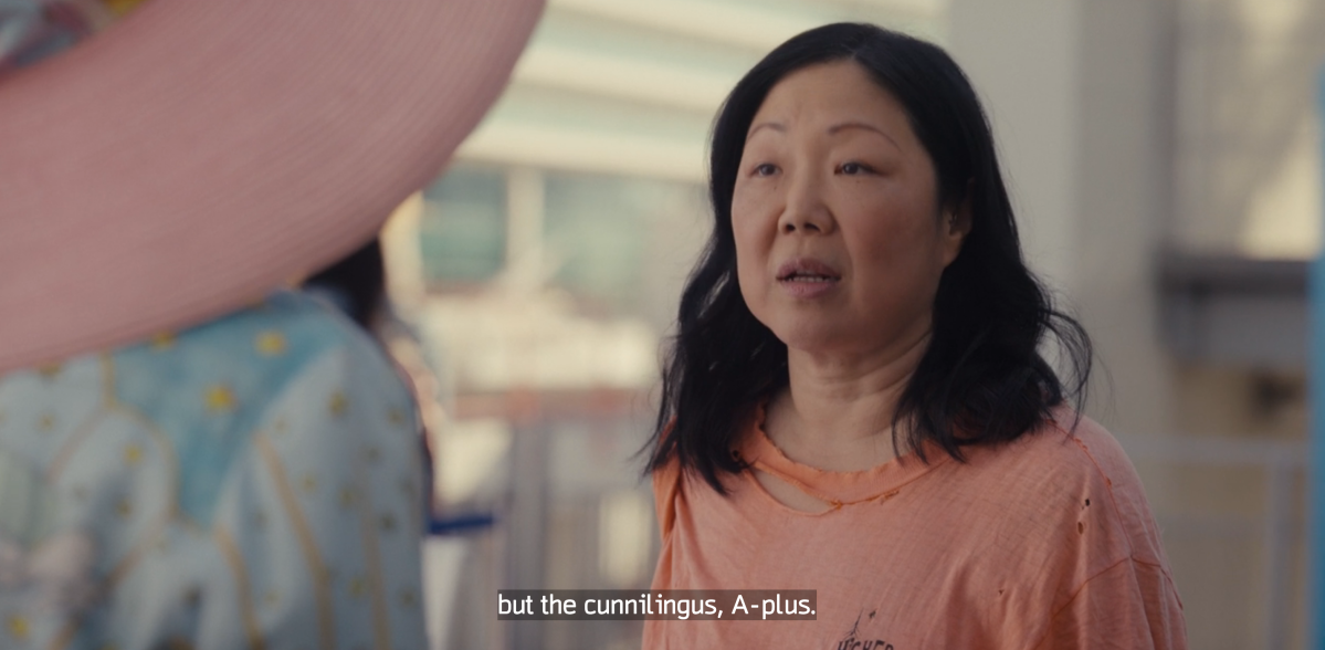 Margaret Cho as Margaret Cho saying "but the cunnilingus, A+" on Hacks