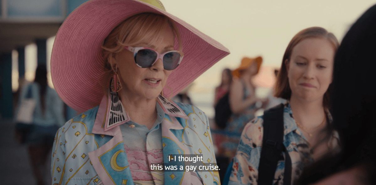 Deborah Vance saying "I-I thought this was a gay cruise" on Hacks