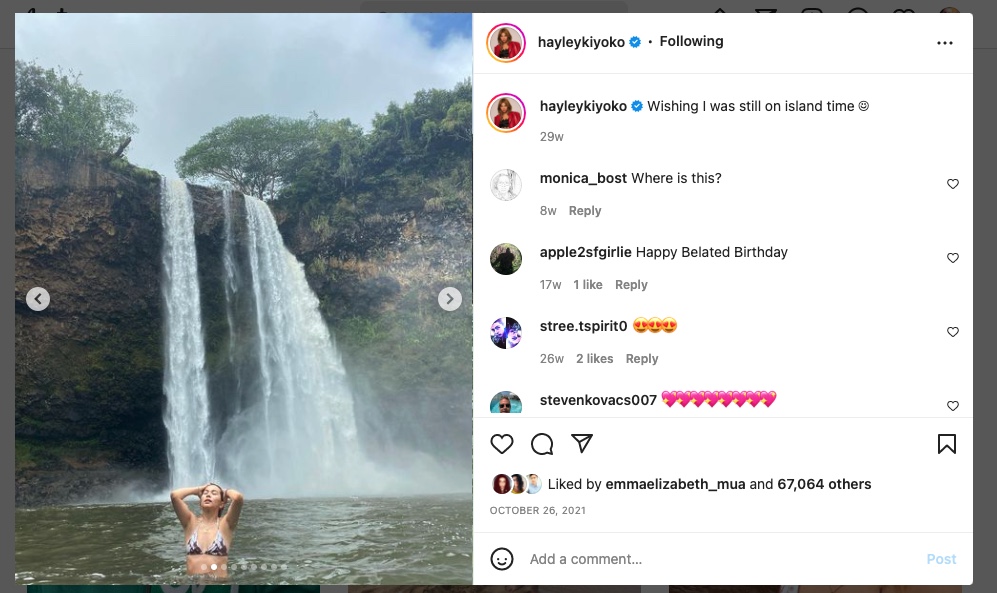 Hayley Kiyoko in a waterfall instagram