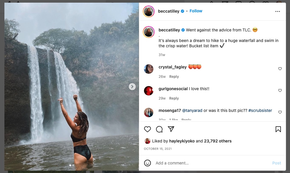 Becca Tilley in a waterfall instagram