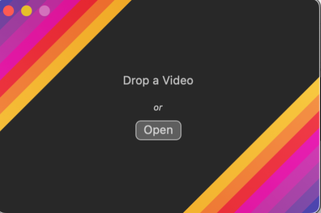 Screenshot of the Gifski app. Against a black background with purple, pink and orange stripes in the corners, text reads: "Drop a video or Open, and Open."