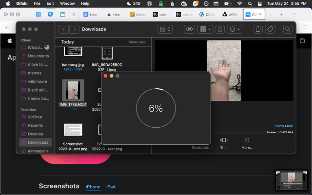 Screenshot of the Gifski app converting the video into a gif. The screen shows that the video has converted 6%.