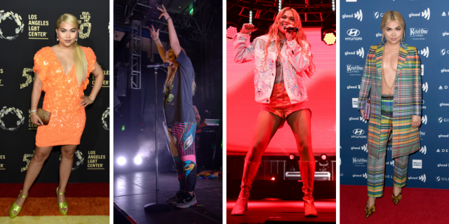 Photo 1: Hayley Kiyoko wears a sparkly sequin neon orange mini dress with a plunge neckline and lime green heels. She is holding a metallic clutch and has a blonde long ponytail. Photo 2: Kayley Kiyoko has her hands in the air while standing at a mic onstage. She is wearing an oversized alien graphic tee and graphic printed retro pants and sneakers. Photo 3: Hayley Kiyoko is singing at a mic onstage and wearing a silver sparkly fringe cowboy jacket, a pink top, pink short shorts, and pink calf-high boots. Photo 4: Hayley Kiyoko is wearing a plaid oversized blazer over a plunge neckline bodysuit and matching plaid wide leg trousers. She is wearing pointy heels.