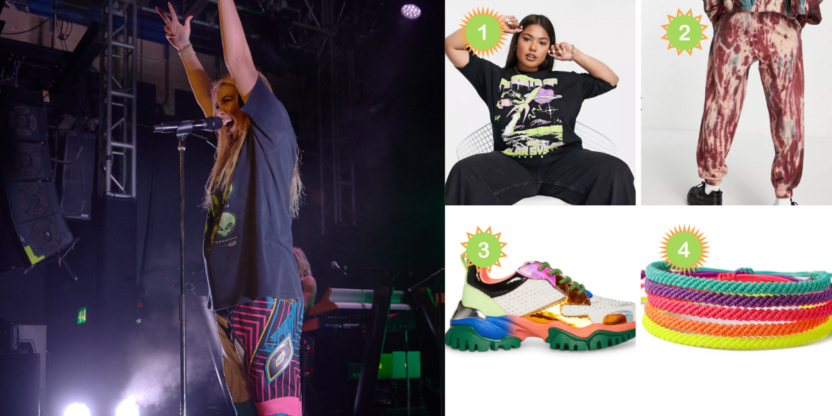 Photo 1: Hayley Kiyoko has her arms up while at the mic on stage. She is wearing an alien graphic tee and graphic printed pants in pink, black, and blue. Photo 2: An aliens in space graphic tee. Photo 3: A pair of pink and brick red tie-dyed sweatpants. Photo 4: A pair of colorblocked sneakers. Photo 5: A set of four neon colored braided bracelets.