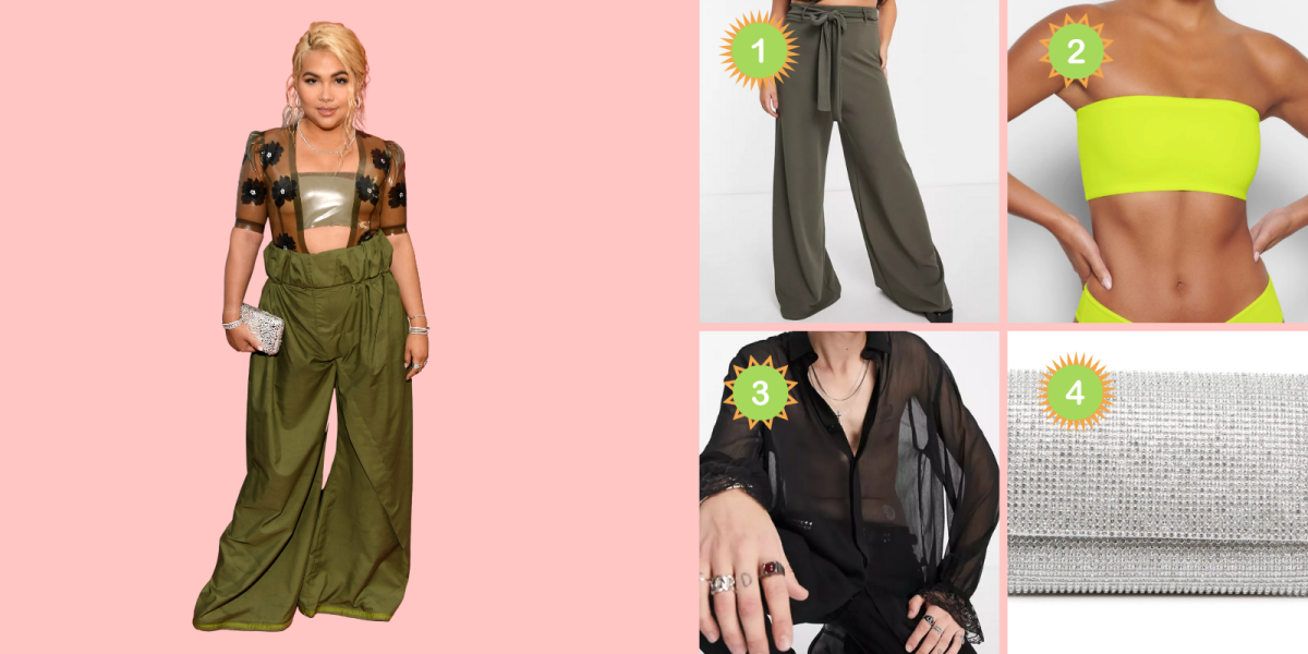 Photo 1: Hayley Kiyoko wears a sheer floral short sleeve shirt over a metallic bandeau and green wide leg pants. She is holding a silver sparkly clutch. Photo 2: Dark green wide leg pants with a bow tied at the front. Photo 3: A neon green bandeau top. Photo 4: A long sleeve black mesh shirt with lacy sleeves. Photo 5: A silver rhinestoned clutch purse