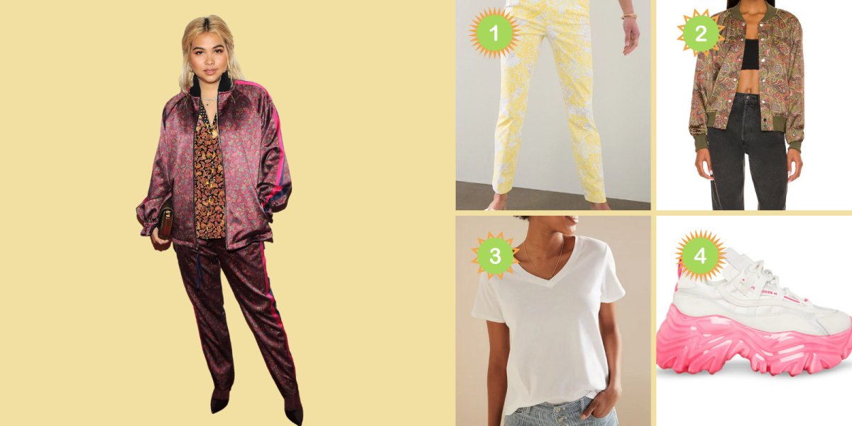 Photo 1: Hayley Kiyoko wears a paisley tracksuit over a paisley buttondown. She is holding a clutch. Photo 2: A pair of yellow and white paisley pants. Photo 3: A paisley bomber jacket. Photo 4: A white v-neck tee. Photo 5: A pair of chunky pink and white platform sneakers.