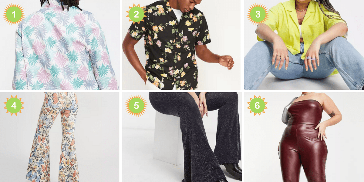 Photo 1: A bomber jacket in pastel pink, teal, and purple palm print. Photo 2: A black short-sleeved buttondown with a pastel floral print. Photo 3: A short sleeved neon green overshirt. Photo 4: A pair of bell bottomed butterfly print pants. Photo 5: A pair of sparkly black bellbottom pants. Photo 6: A rust colored leather look bandeau jumpsuit.