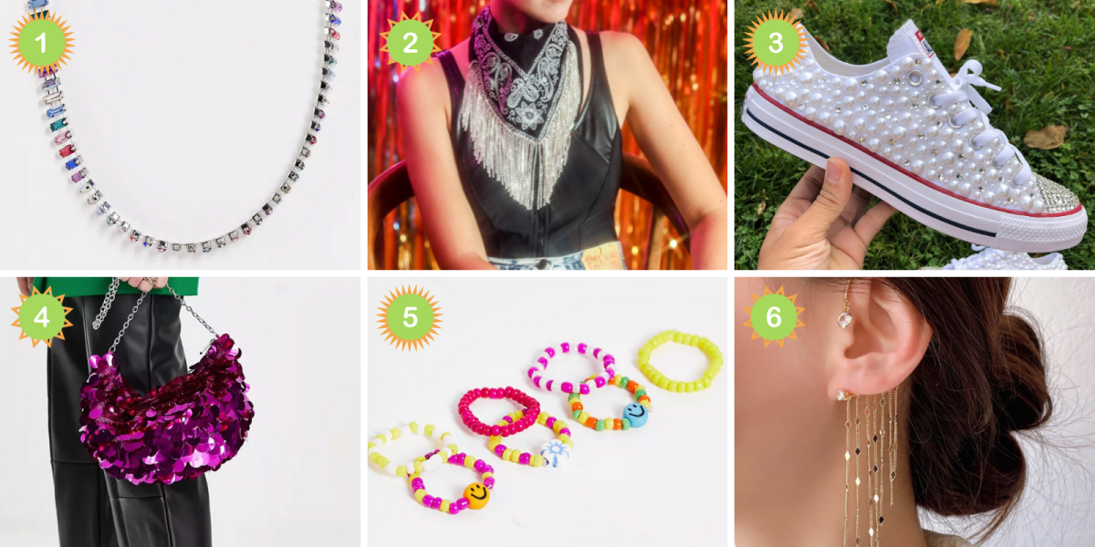 Photo 1: A multicolored rhinestone necklace. Photo 2: A sparkly fringe bandana. Photo 3: Pearl-studded Converse. Photo 4: A sparkly sequin pink clutch purse. Photo 5: A set of multicolored beaded simple rings. Photo 6: A sparkly dangly ear cuff.