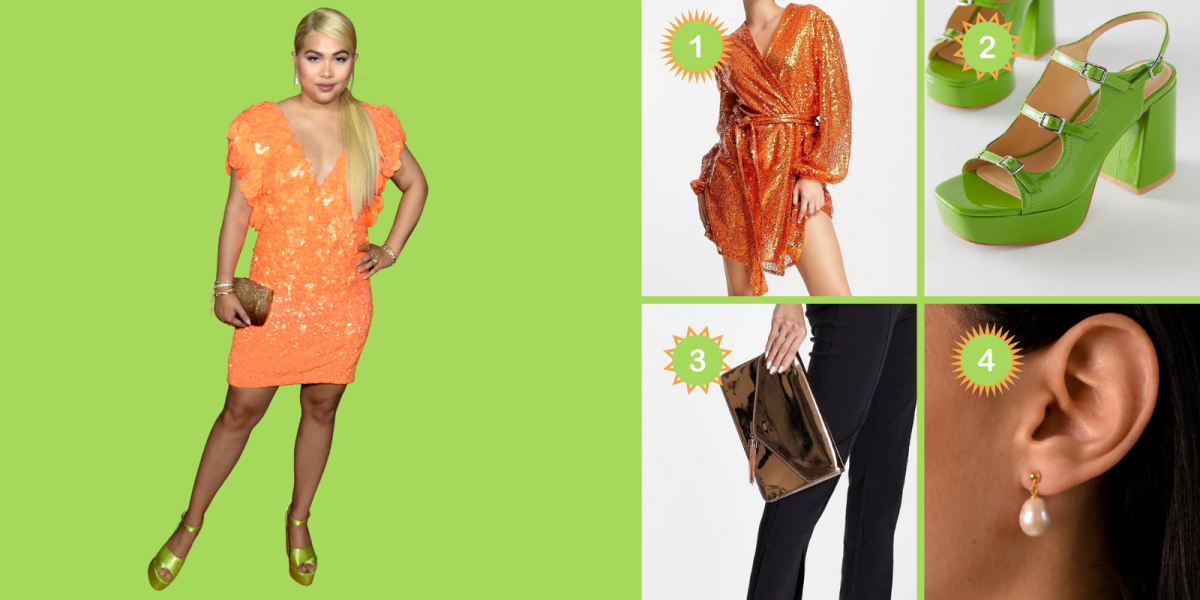 Photo 1: Hayley Kiyoko has a long blonde ponytail and is wearing a low cut orange sequin neon orange dress with a lime green satin heeled shoe. She is holding a clutch in one hand and has her other hand on her hip. Photo 2: A sequin orange wrap dress. Photo 3: A pair of neon green strappy heels. Photo 4: A metallic clutch purse. Photo 5: A pearl drop earring.