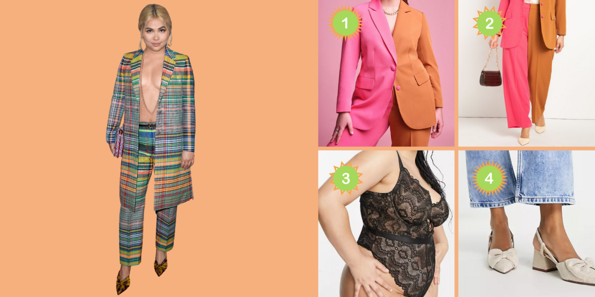 Photo 1: Hayley Kiyoko wears a plaid oversized suit over a plunge neckline bodysuit and bowed heels. She is holding a clutch. Photo 2: A pink and orange colorblocked blazer. Photo 2: A pair of pink and orange colorblocked pants. Photo 3: A black lace plunge neckline bodysuit. Photo 4: Chunky heels with a bow in silver.