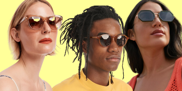 Three people in sunglasses: A white femme person with rust colored lipstick and a blonde bob wears oversized square sunglasses with both lenses and frames in a monotone tan color; A black masc person with dreadlocks in a messy top bun and a yellow shirt wears round glasses with a keyhole on the nose bridge, the glasses have dark lenses and a tan brown frame; A woman with brown skin, long dark hair, and an orange tank top has on dark green hexagon shaped sunglasses with thin gold frames.