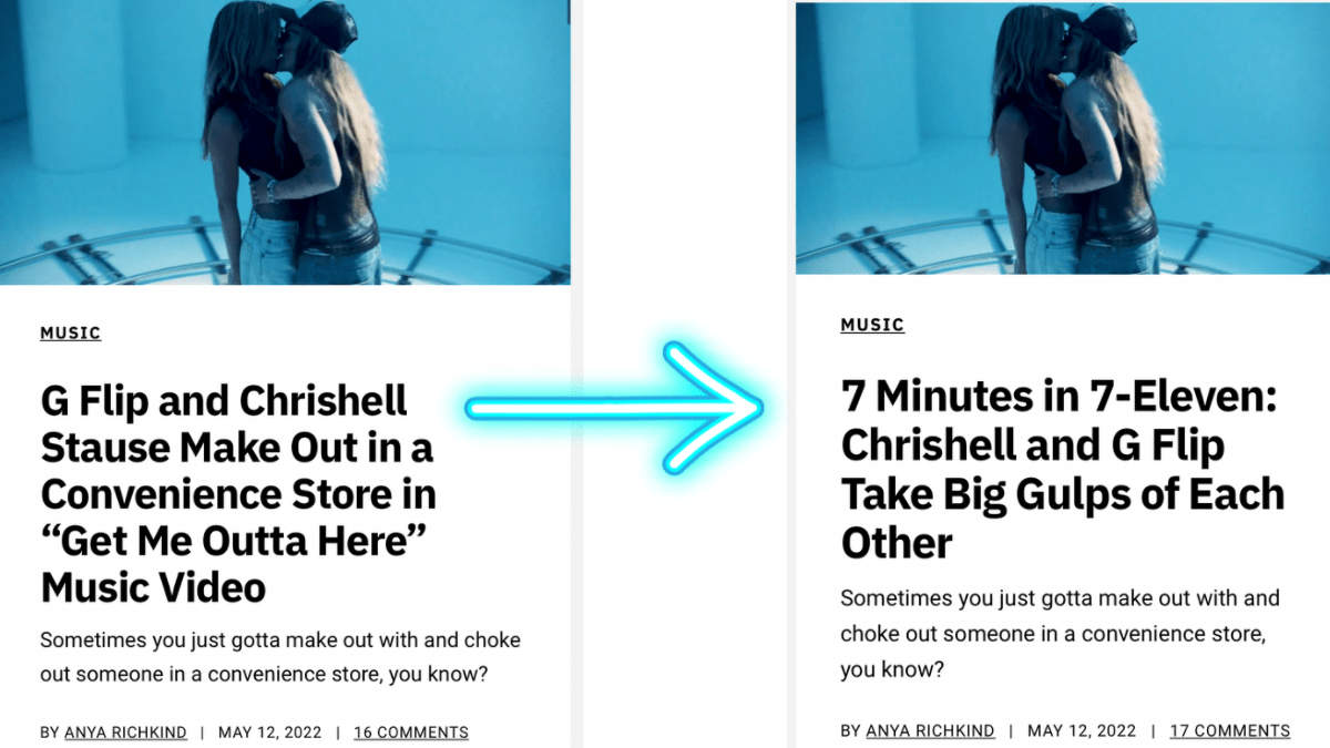 Two Autostraddle titles side by side, to the left: G Flip and Chrishell Make Out in a Convenience Store in "Get Outta Here" and to the right, "7 Minutes in 7-Eleven Chrishell and G Flip Take Big Gulps of Each Other.