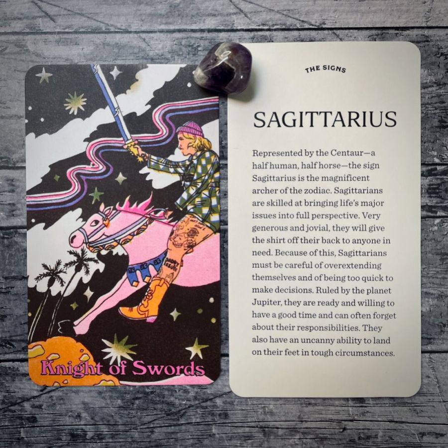 In two tarot cards on a grey background:  Left: A blonde person in a pink beanie and green plaid jacket with orange pants and boots is charging ahead with a sword in their hand while riding a pink horse. Right: Sagittarius