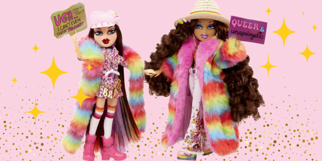 Two Bratz dolls are in rainbow colored long fur coats while holding protest signs and are photoshopped in front of a pink background with gold and yellow sparkles. The dolls look millennial chic, despite being corporate pride.