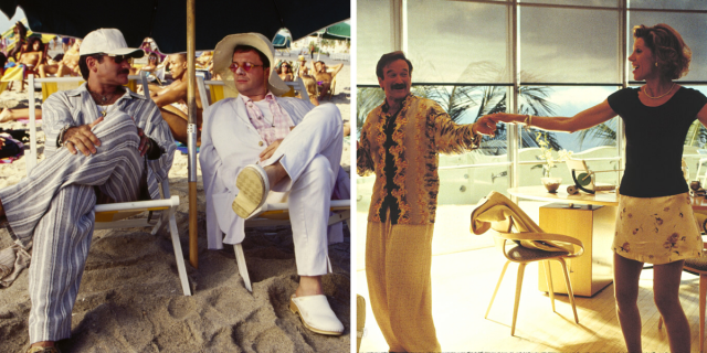 Photo 1: Robin Williams and Nathan Lane sit on beach chairs while wearing linen beach outfits and sun hats in the movie The Birdcage. Photo 2: Robin Williams and Christine Baranski hold hands while dancing in beachy casual outfits in the movie The Birdcage.
