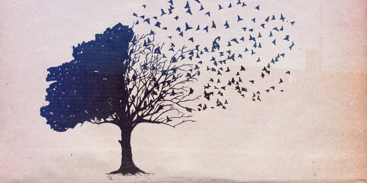 An illustrated tree is losing its leaves, which turn into birds as they move away from the tree
