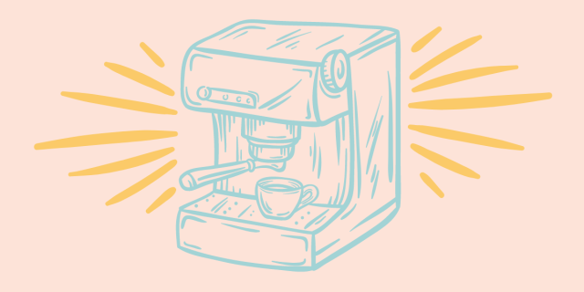 An illustration of an espresso machine with yellow lines emanating from it