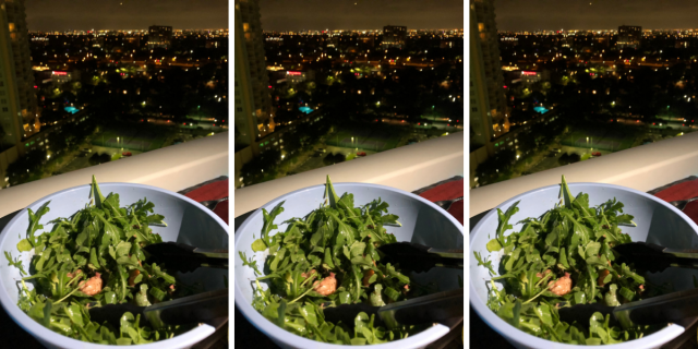 A large blue bowl of arugula and lemon dill tinned octopus sits on a table outside on a balcony with the Miami skyline in the background. The image is repeated three times.
