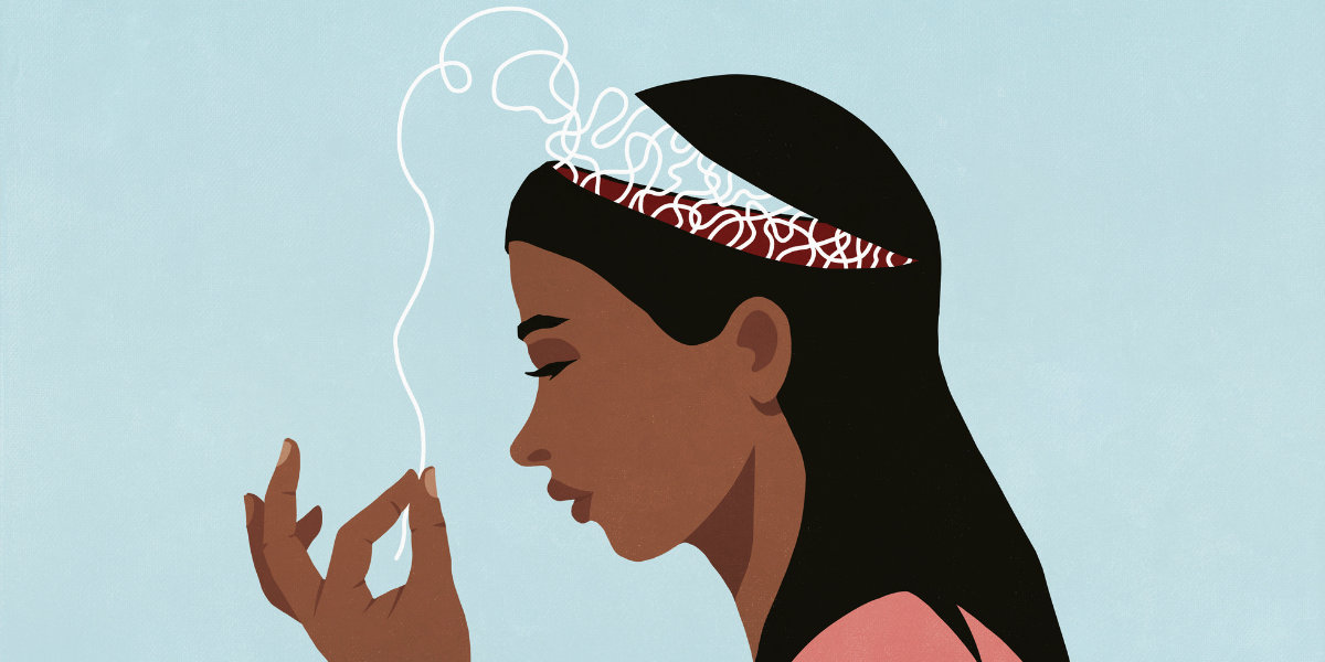 An illustration of a brown woman with long dark hair pulling a string out of her brain