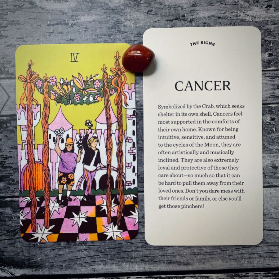In two tarot cards on a grey background:  Left: Two people hold flowers above their head inside of a fairytale castle, underneath a canopy. There is a yellow sky. Right: Cancer
